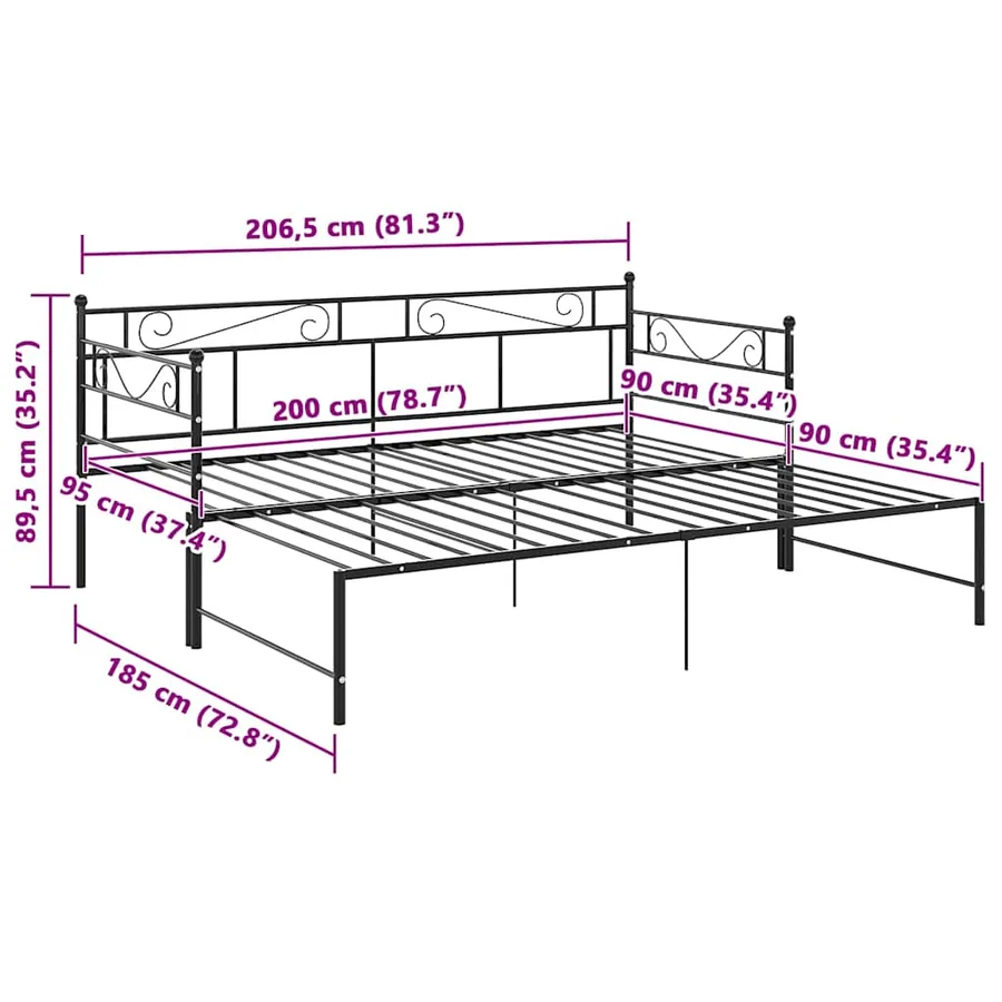 Cadre de canapé-lit extensible sans matelas Noir Métal 90x200cm - 11