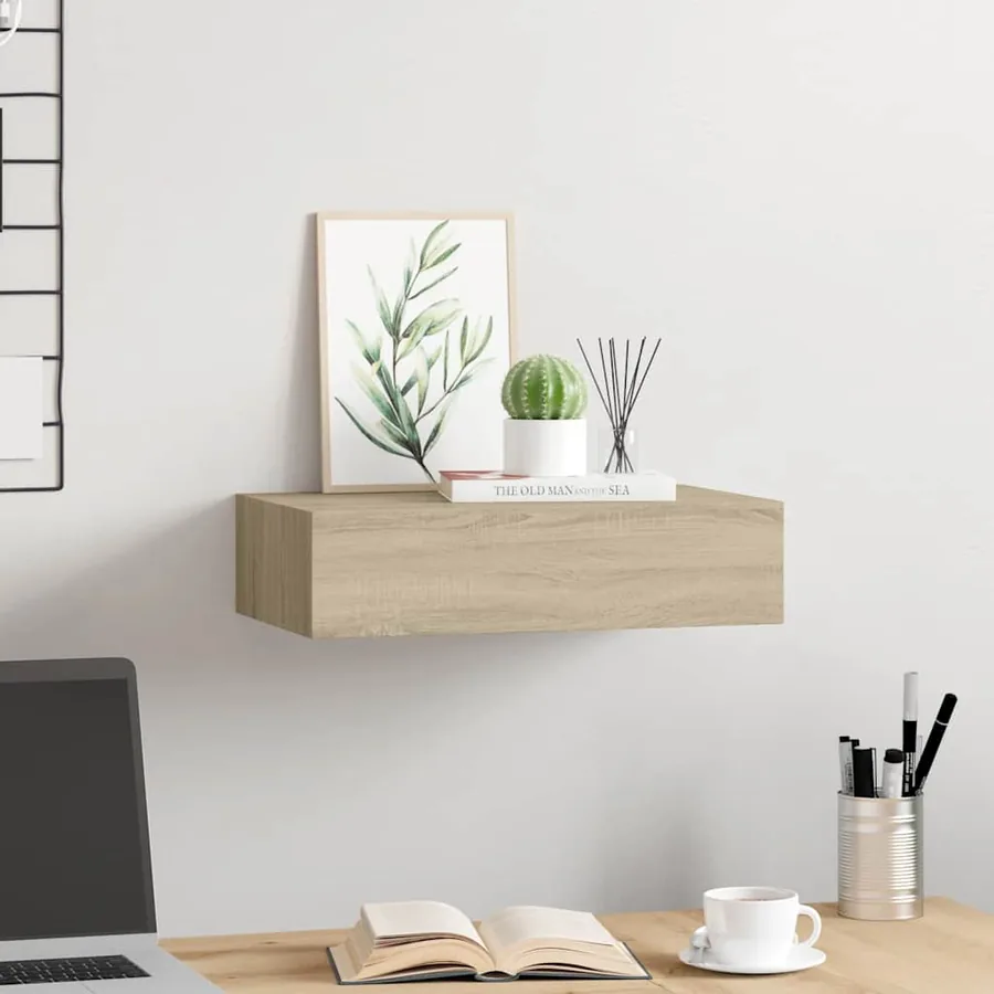 Étagère à tiroir murale chêne 40x23,5x10 cm MDF - 3