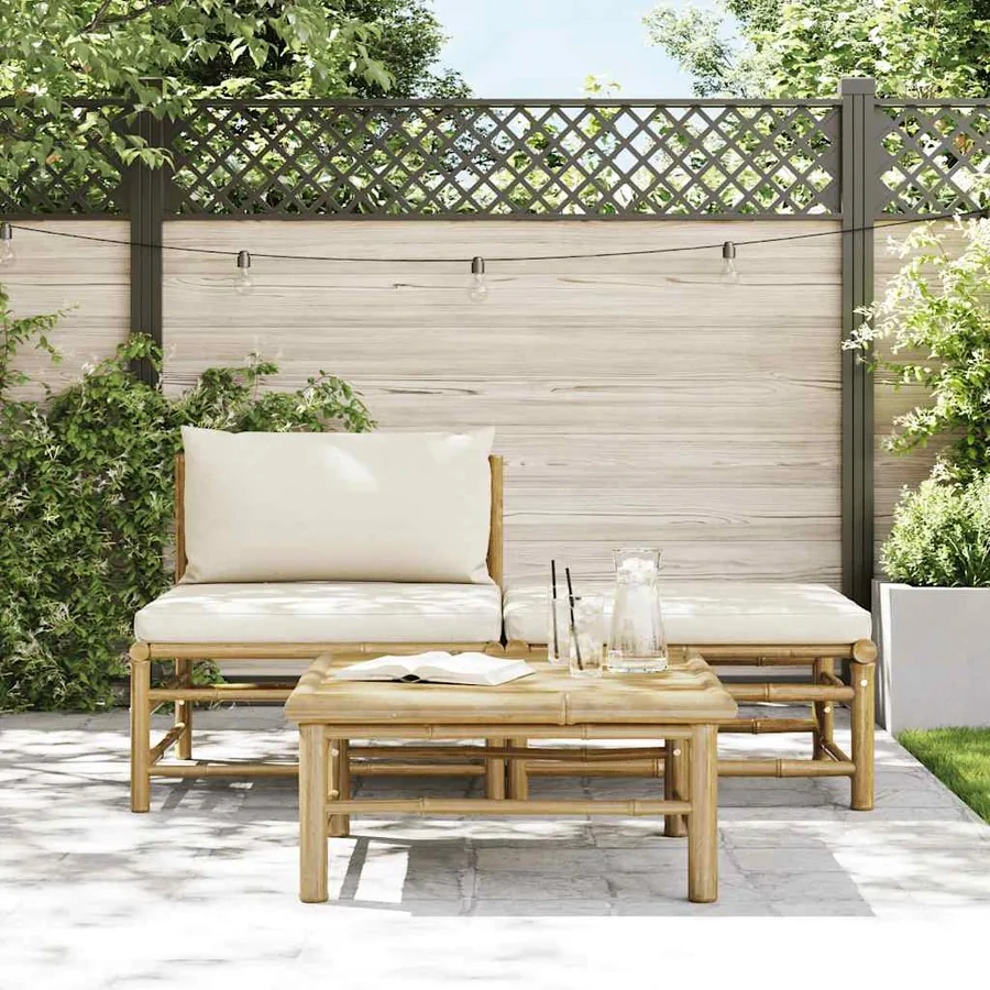 Salon de jardin 3 pcs avec coussins blanc crème Bambou - 3