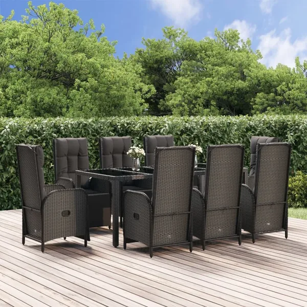 Ensemble à manger jardin 9pcs et coussins noir résine tressée