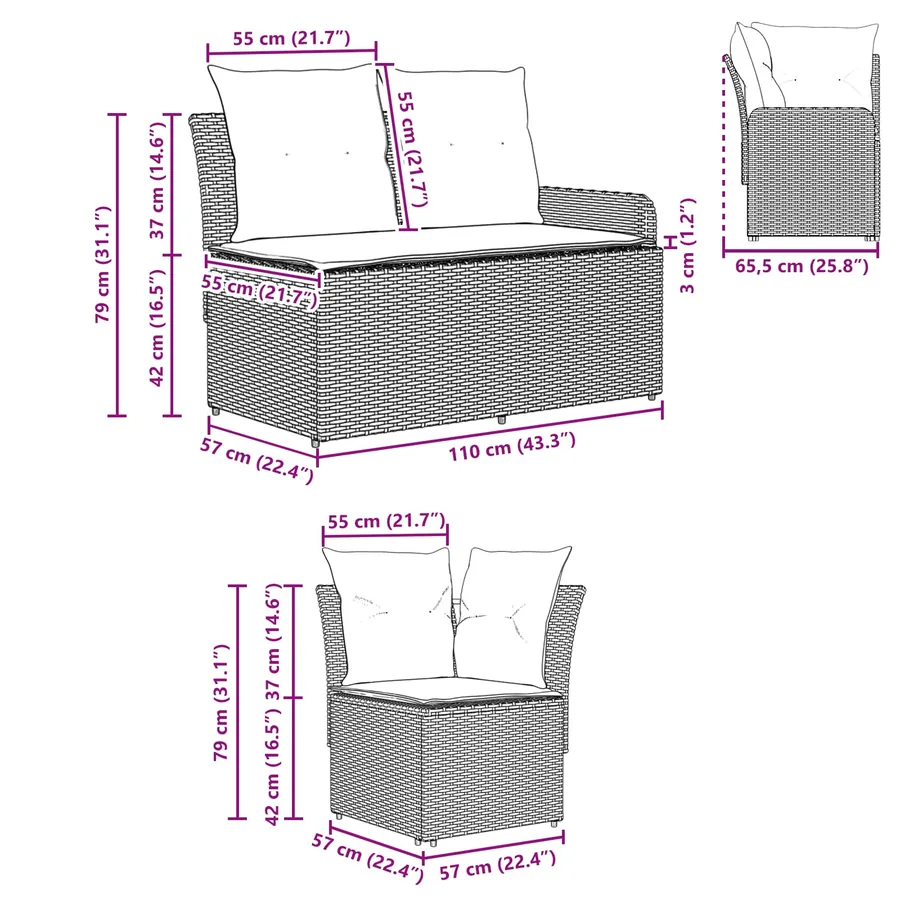 Sofa de jardin avec accoudoirs et sofa d'angle 2 Pièce Rotin PE - 12