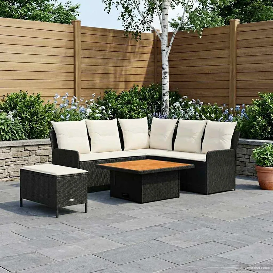 Ensembles de meubles avec oreiller 5 pcs Noir et Crème Rotin PE