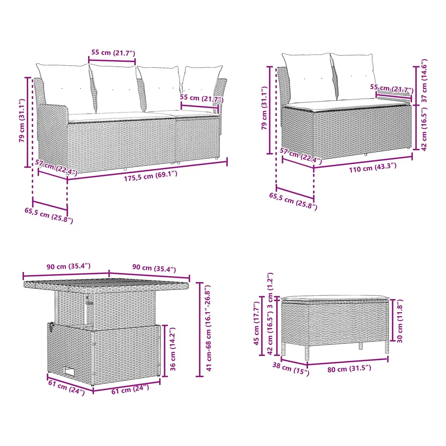 Ensembles de meubles avec oreiller 5 pcs Noir et Crème Rotin PE - 14