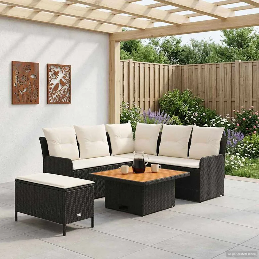 Ensembles de meubles avec oreiller 5 pcs Noir et Crème Rotin PE - 3