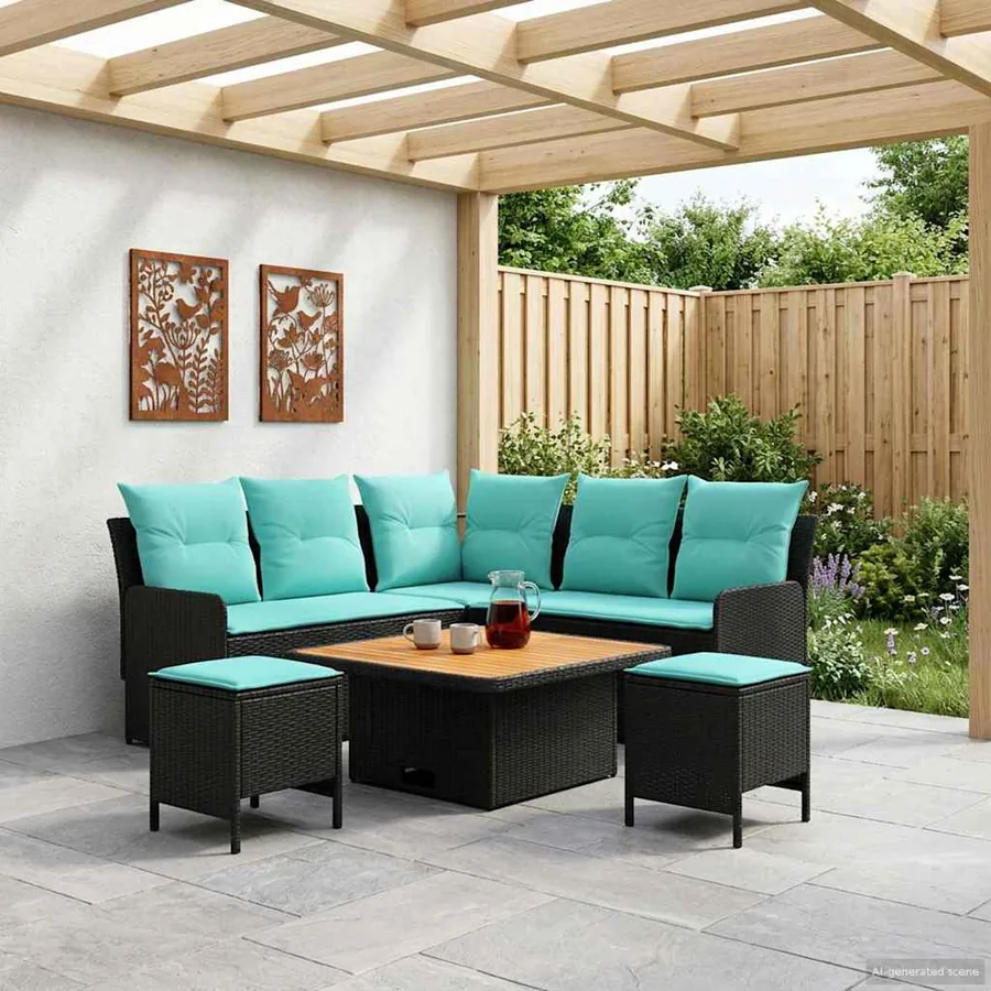 Ensembles de meubles 6 pcs Noir et turquoise Rotin PE