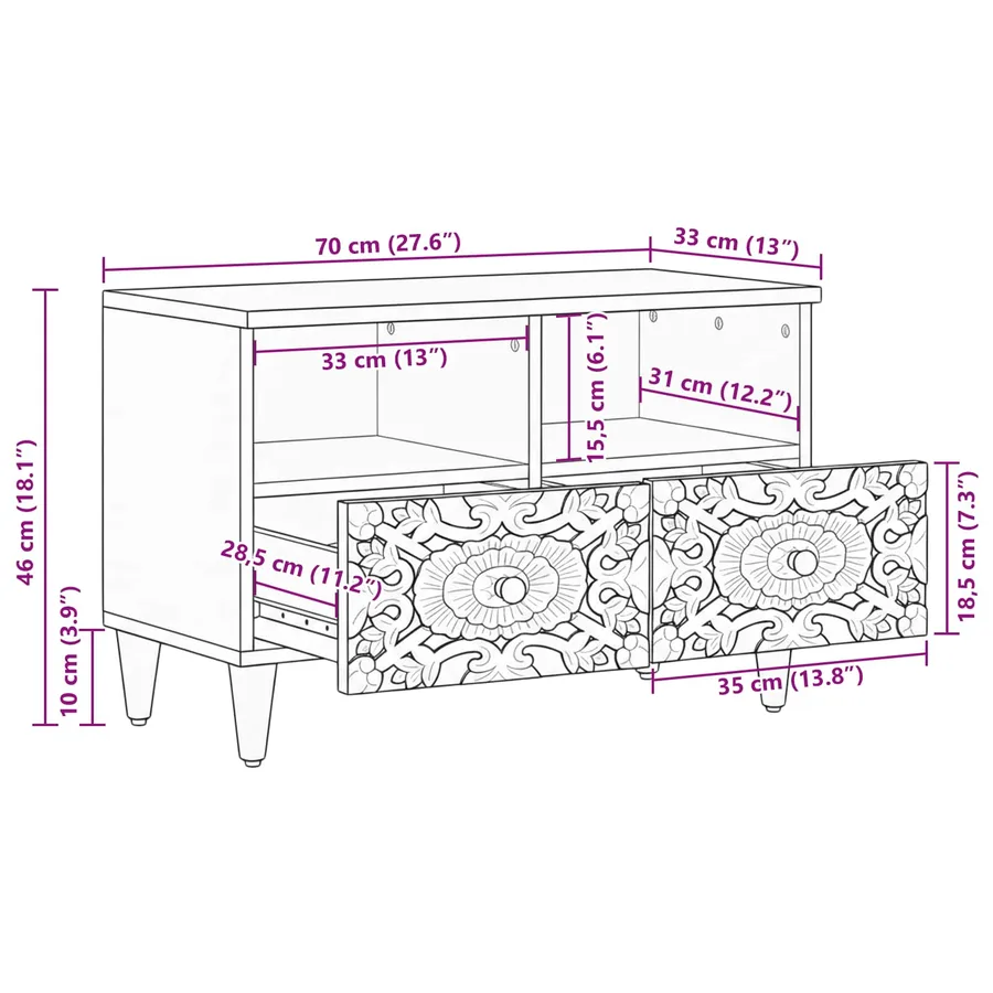 Meuble TV Marron 70 x 33,5 x 46 cm Bois de mangue massif - 11
