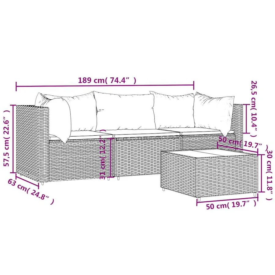 Salon de jardin 4 pcs avec coussins Noir Résine tressée - 11