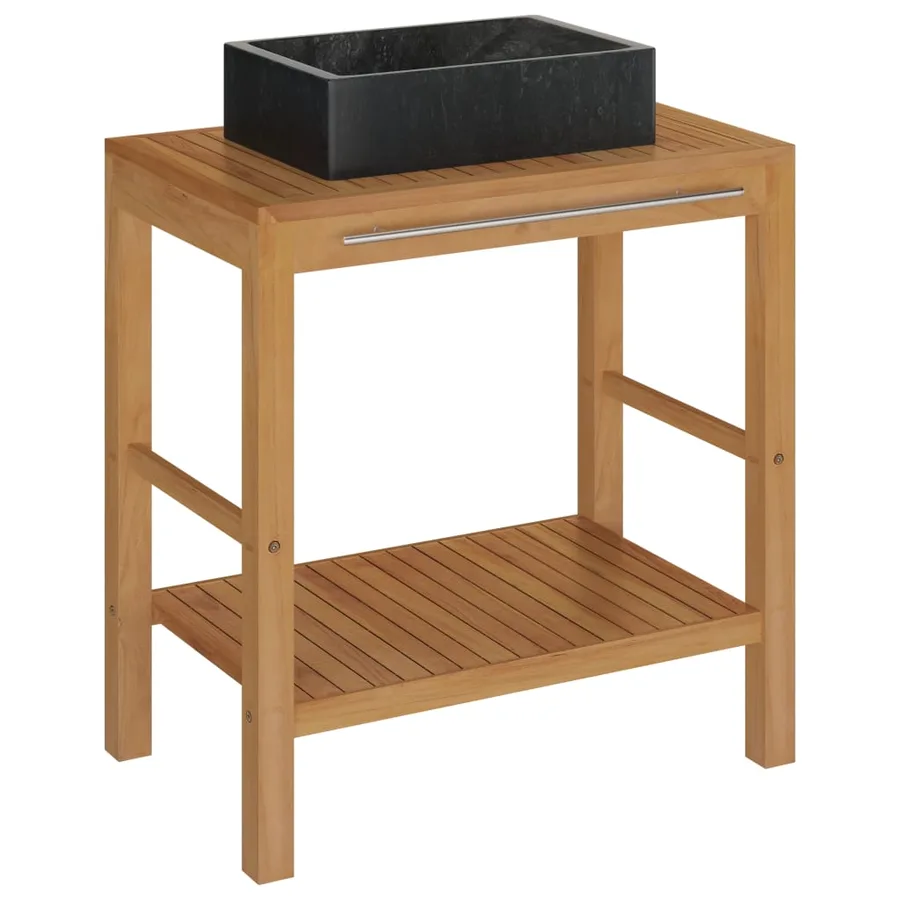 Armoire de toilette en teck solide avec lavabo en marbre Noir - 2