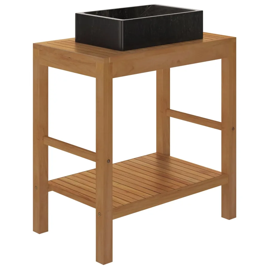 Armoire de toilette en teck solide avec lavabo en marbre Noir - 3