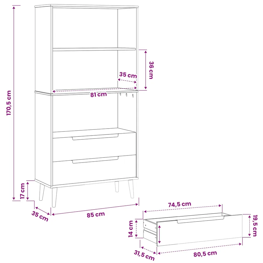 Bibliothèque MOLDE 85 x 35 x 170,5 cm Bois de pin massif - 8