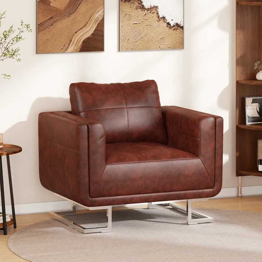 Fauteuil cube avec pieds chromés Marron Similicuir