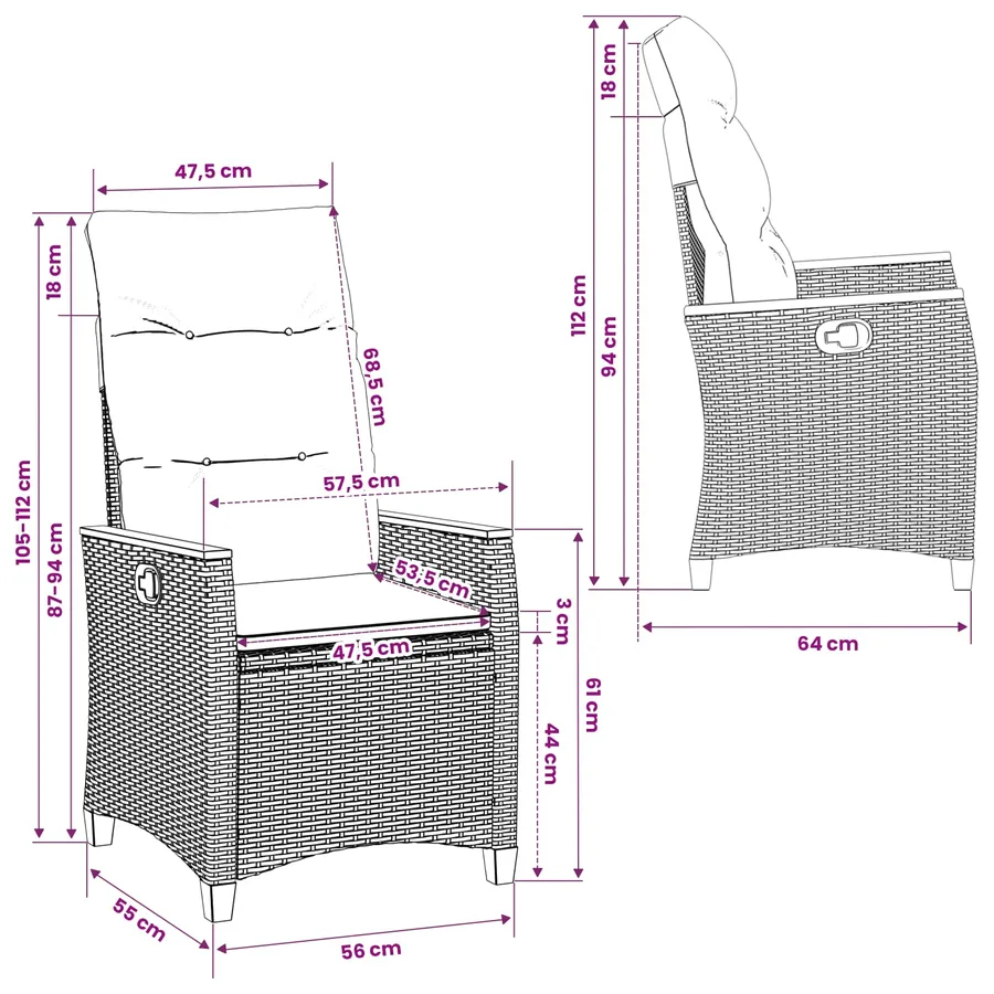 Chaise de jardin inclinable 2 pcs Gris et bleu marine polyrotin - 12