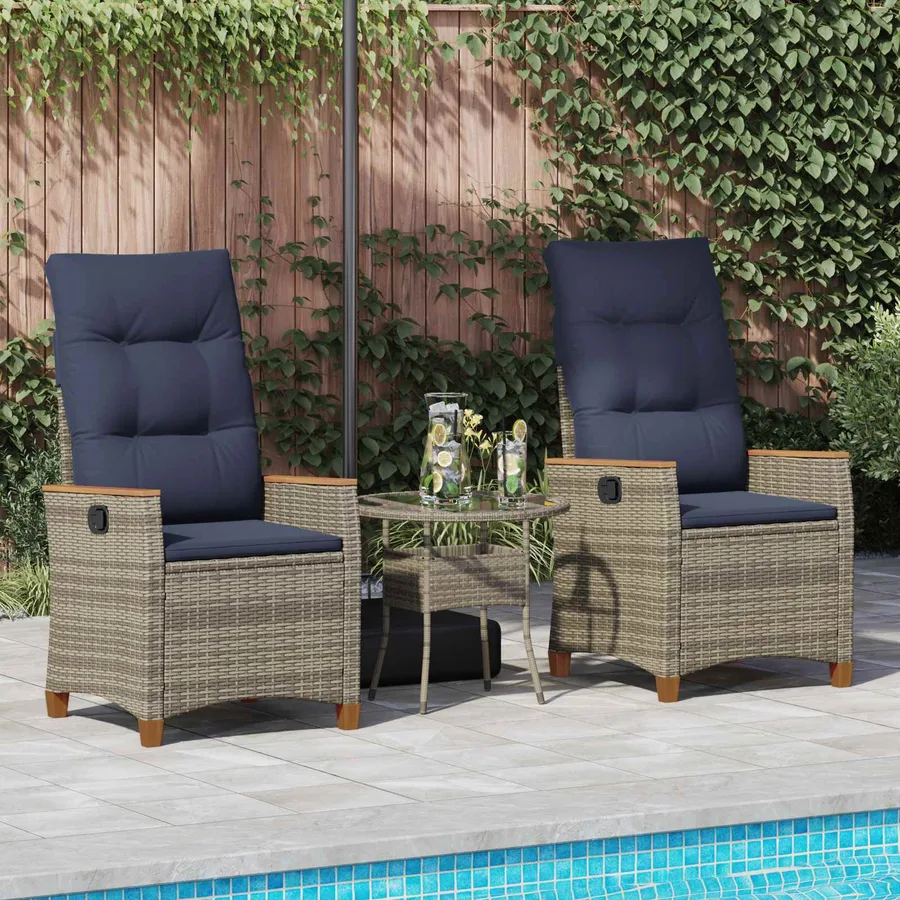 Chaise de jardin inclinable 2 pcs Gris et bleu marine polyrotin - 3