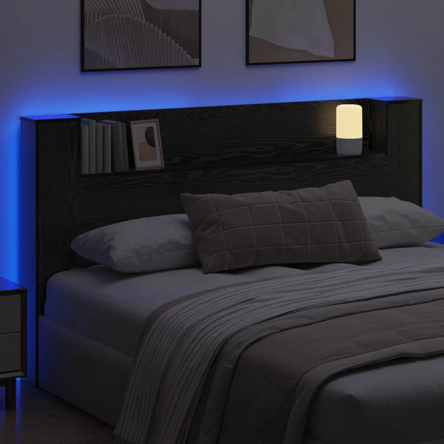 Cabinet de Tête de Lit avec LED Chêne Noir Bois d'ingénierie - 4