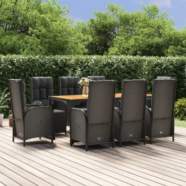 Ensemble à manger jardin 9pcs et coussins noir résine tressée