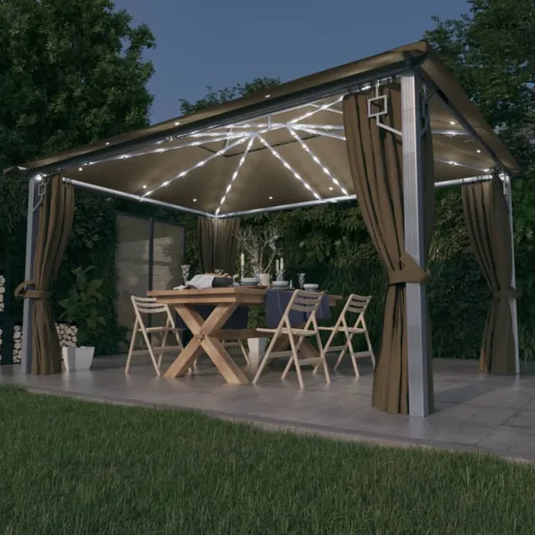 Tonnelle avec rideau et lumières LED 4x3 m Taupe Aluminium