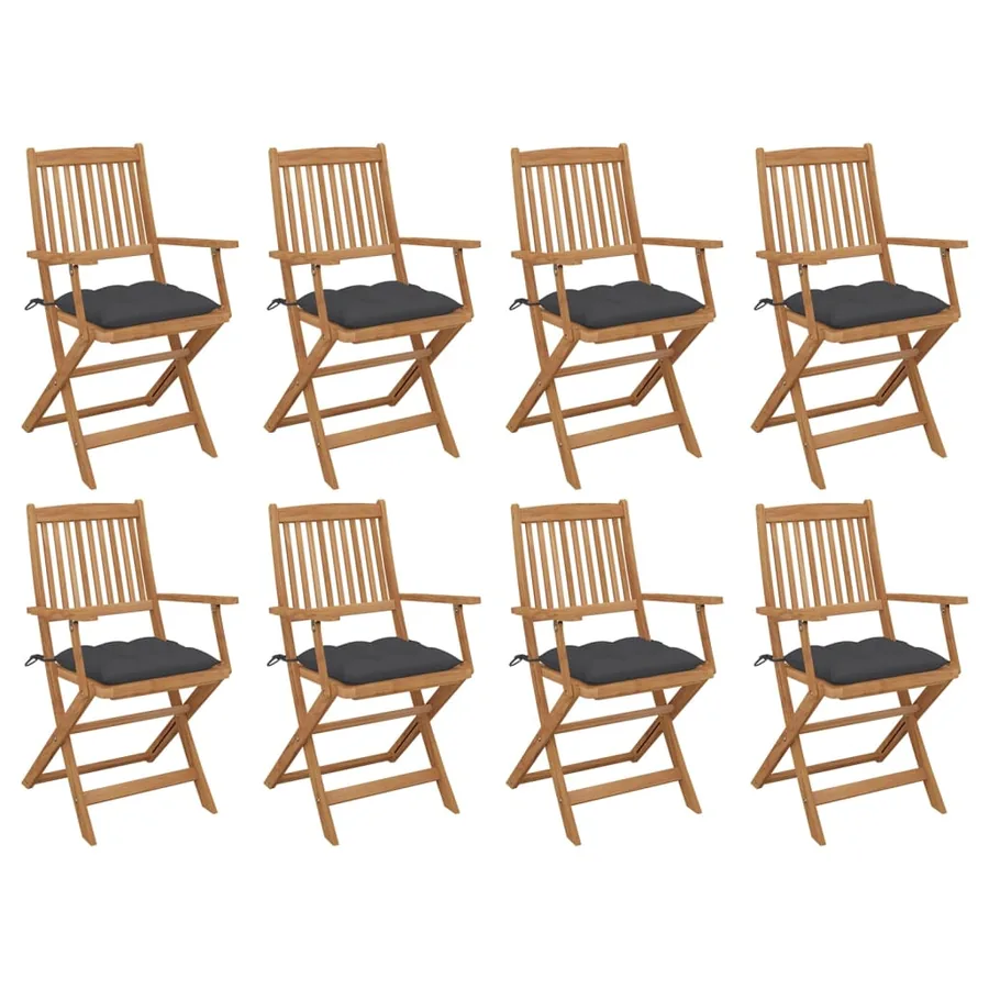 Outdoor folding chairs and cushions set of 8 Acacia wood