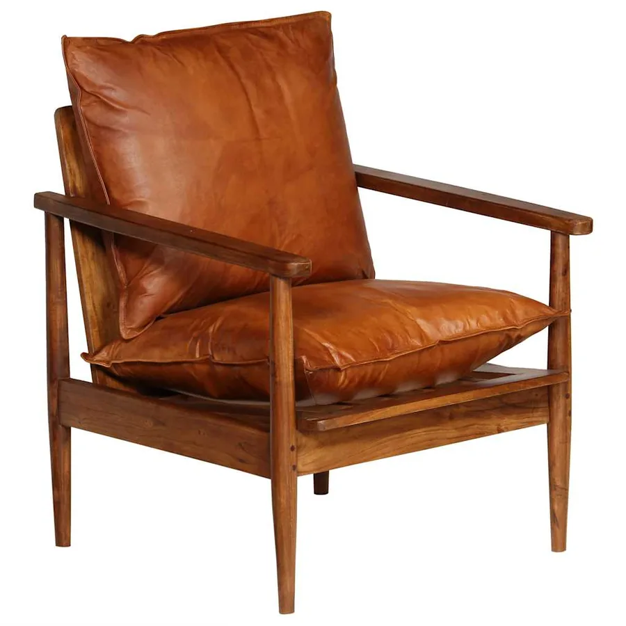 Fauteuil Marron Cuir véritable avec bois d'acacia - 14