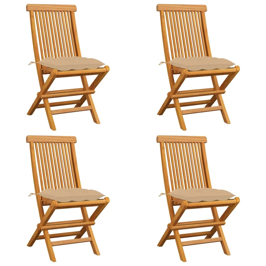 Garden chairs and beige cushions set of 4 Solid teak wood