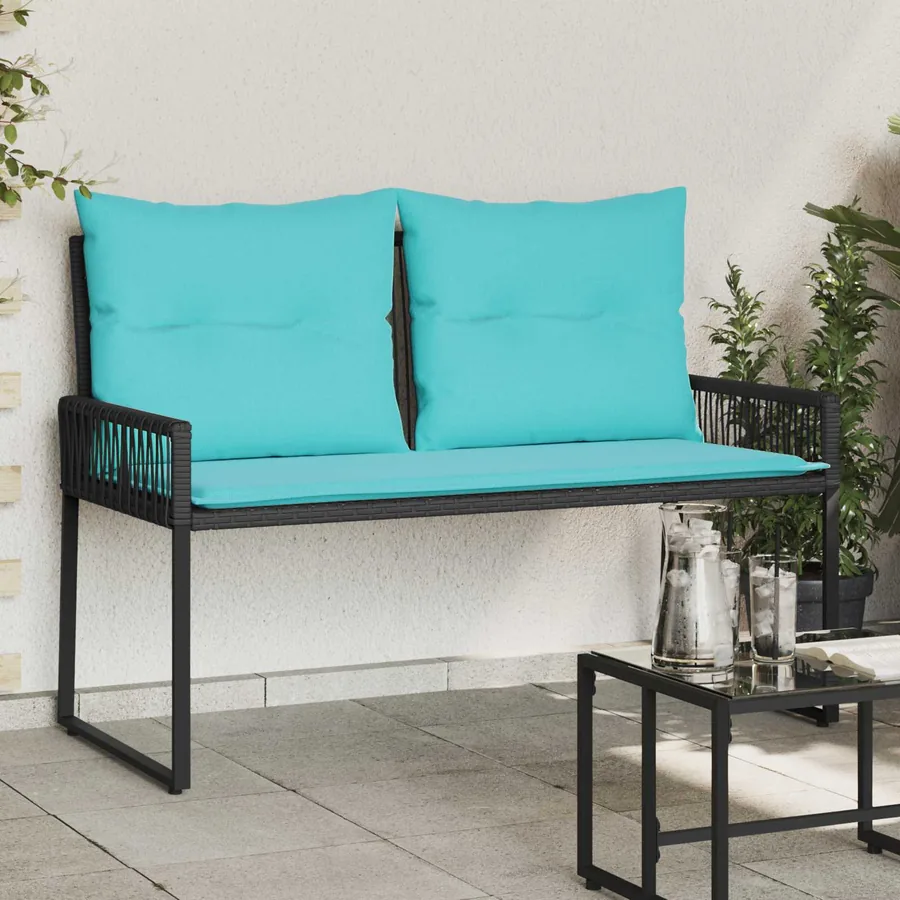 Banc extérieur avec coussin 4 pcs Noir et turquoise polyrotin