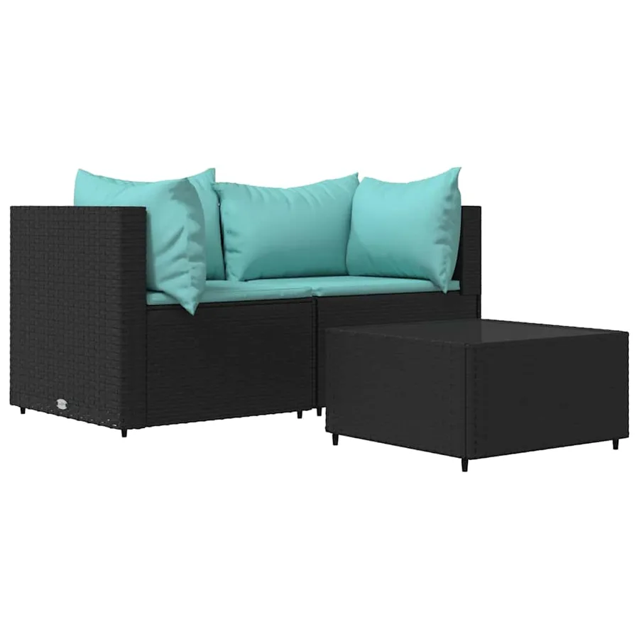 Salon de jardin 3 pcs avec coussins Noir Résine tressée - 2