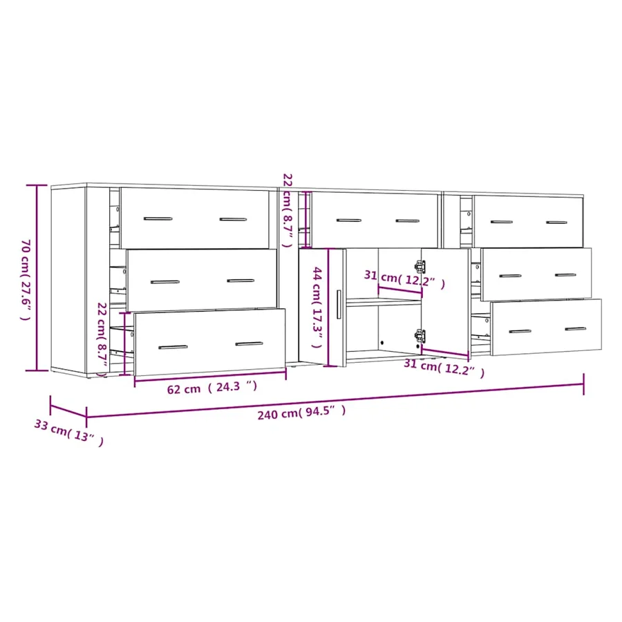 Buffets 3 pcs Chêne sonoma Bois d'ingénierie - 9
