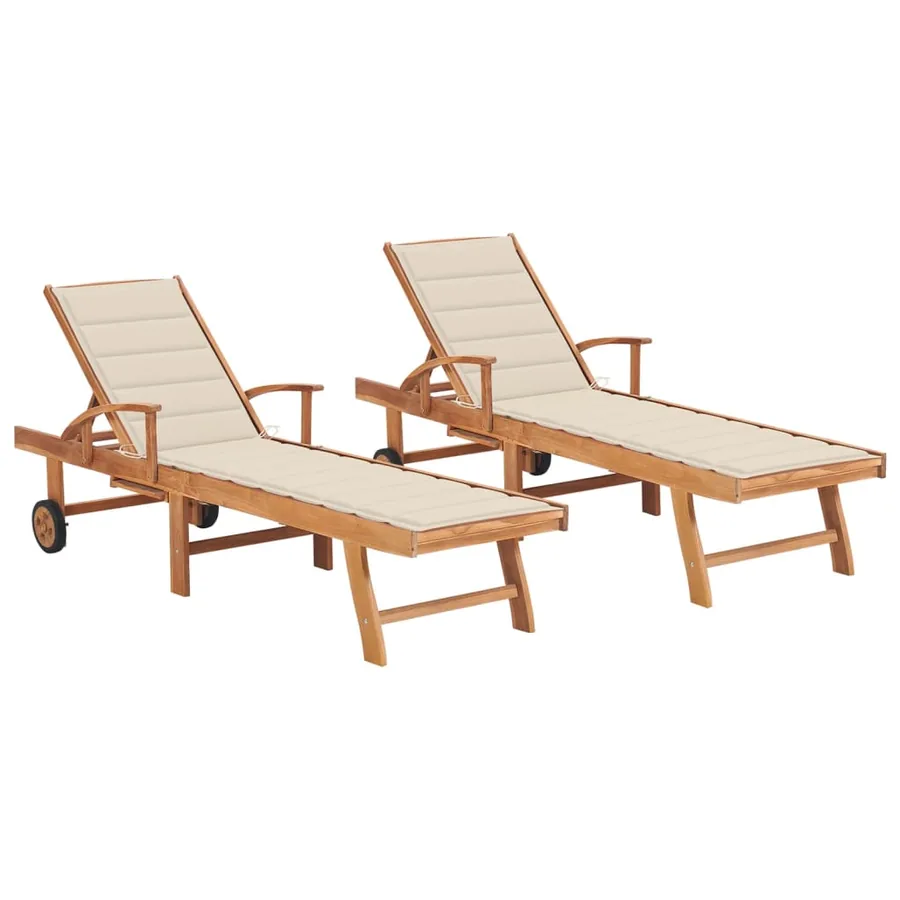 Chaises longues lot de 2 avec coussin beige Bois de teck solide - 113