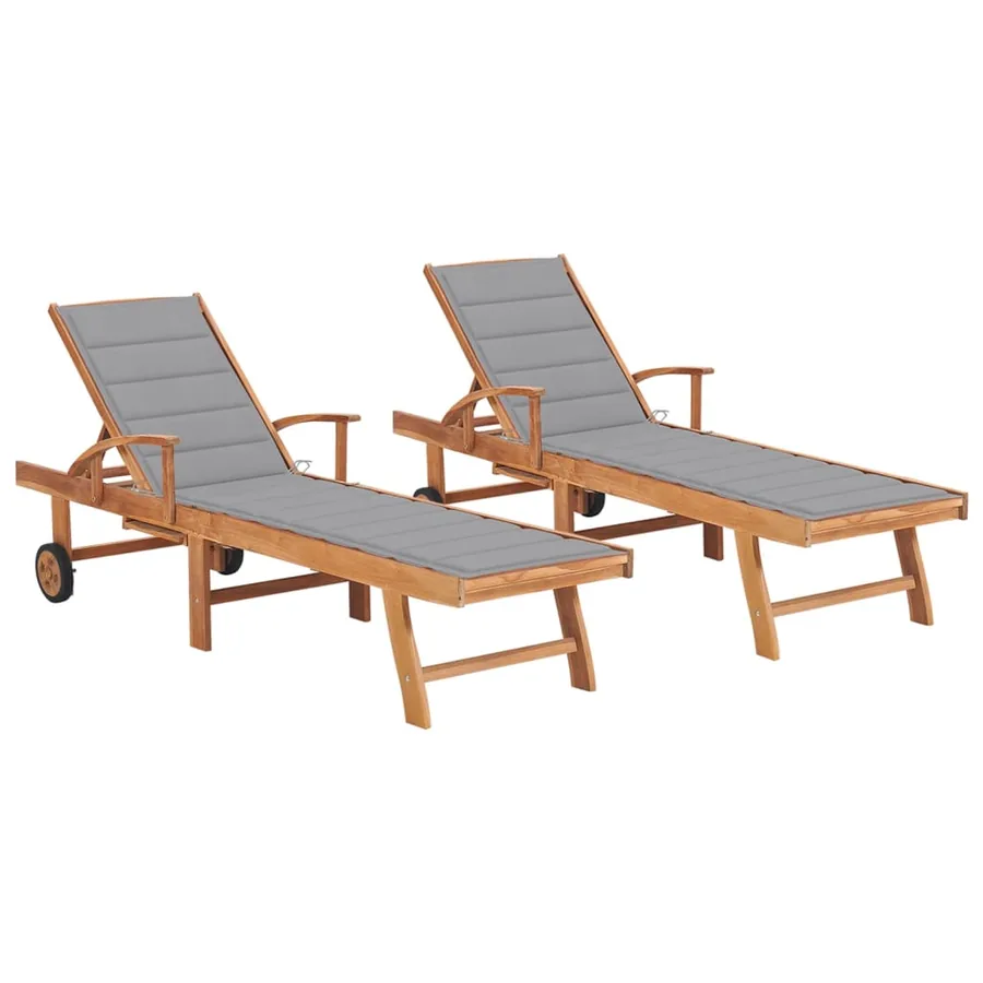 Chaises longues lot de 2 avec coussin beige Bois de teck solide - 49