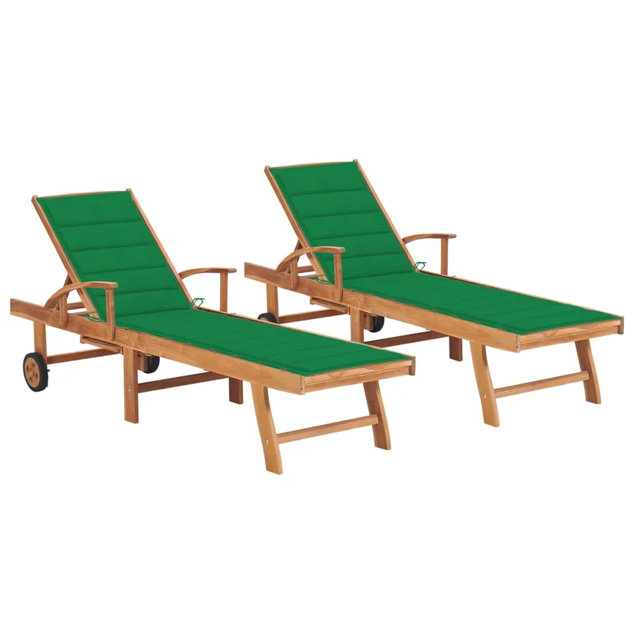 Chaises longues lot de 2 avec coussin beige Bois de teck solide - 65