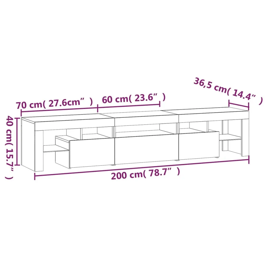 Meuble TV avec lumières LED Gris béton 200x36,5x40 cm - 12