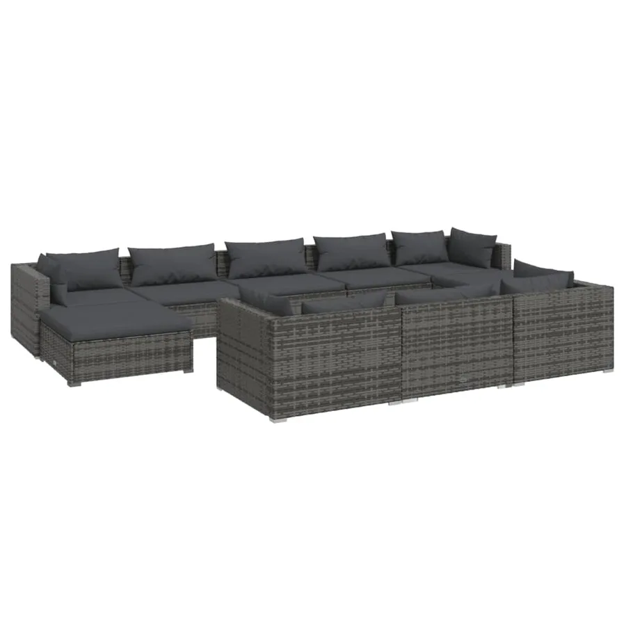 Salon de jardin 10 pcs avec coussins Gris Résine tressée - 2