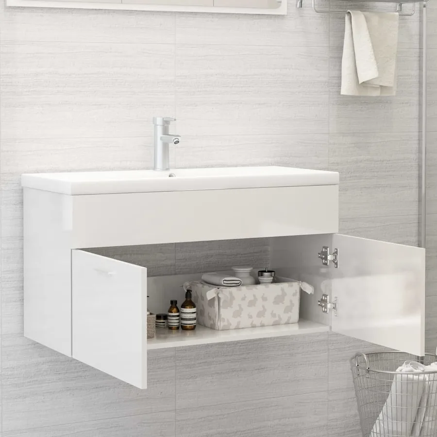 Armoire d'évier avec lavabo intégré Blanc brillant - 3