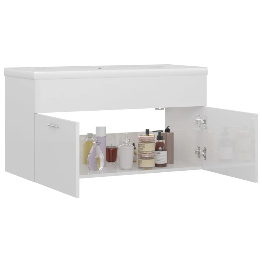 Armoire d'évier avec lavabo intégré Blanc brillant - 4