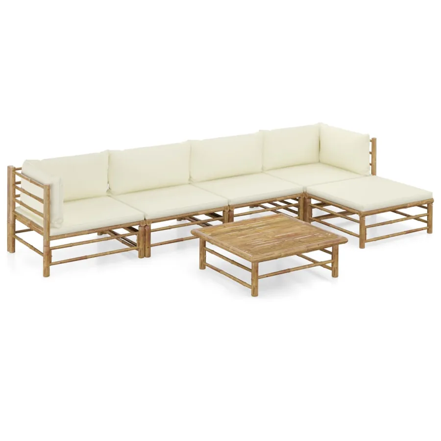 Salon de jardin 6 pcs avec coussins blanc crème bambou