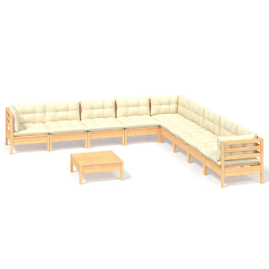 Salon de jardin 10 pcs avec coussins crème bois de pin massif - 2