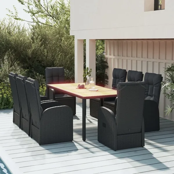 Garden Dining Set 9 pcs Cushions Black Poly Rattan