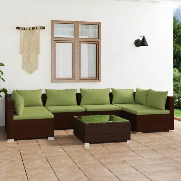 Garden Lounge Set 7 pcs with Cushions Poly Rattan Brown