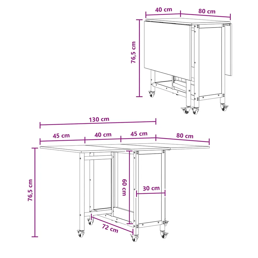 Table à manger pliante avec roulettes 130 x 80 x 76,5 cm - 11