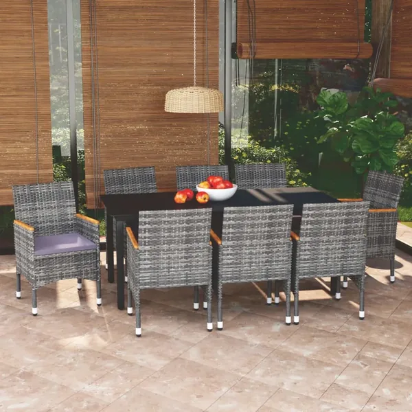 Ensemble à manger de jardin coussins 9pcs Résine tressée Gris