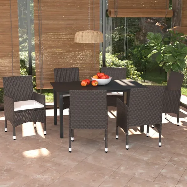 Garden Dining Set and Cushions 7 pcs Brown Poly Rattan