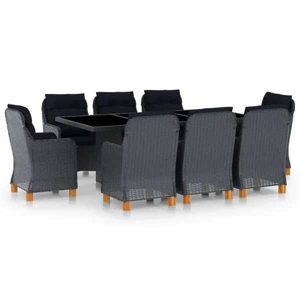 Mobilier à dîner 9 pcs avec coussins Résine tressée Gris foncé