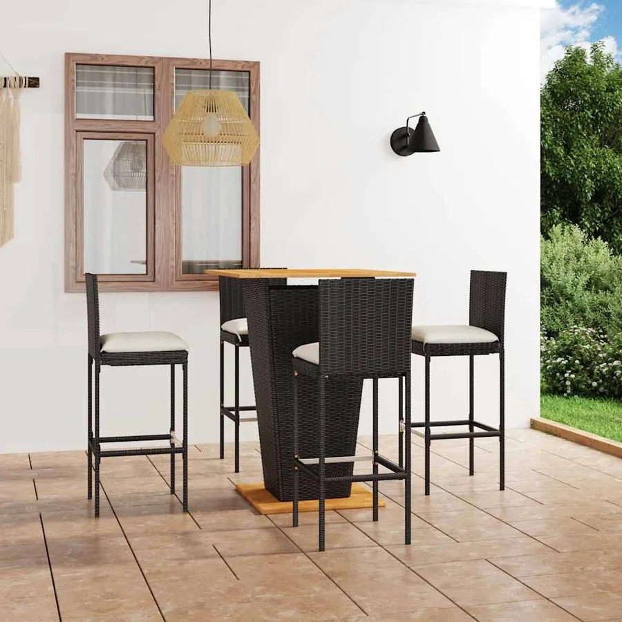 Garden Bar Set 5 pcs and Cushions Poly Rattan Black