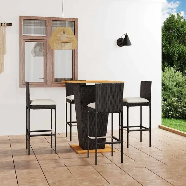 Garden Bar Set 5 pcs and Cushions Poly Rattan Black