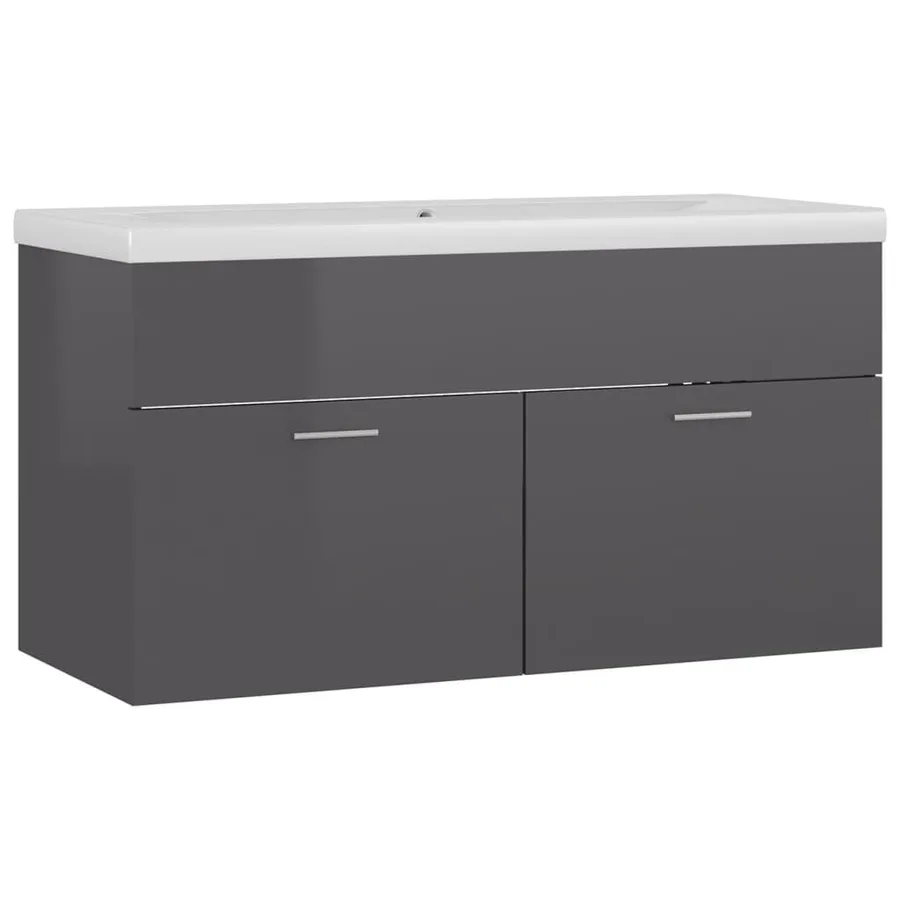 Armoire d'évier et lavabo intégré Gris brillant Bois ingénierie - 2