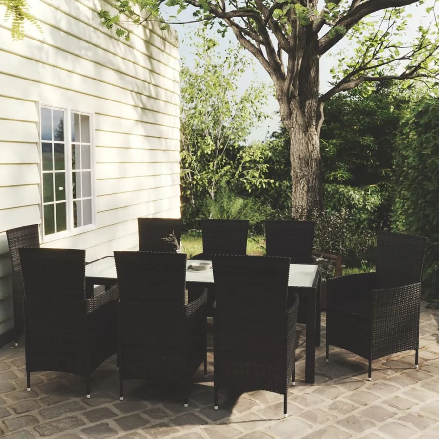 Outdoor Dining Set 9 pcs Cushions Poly Rattan Black