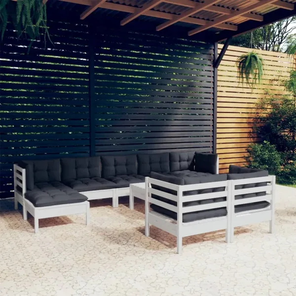 Garden Lounge Set 10 pcs with White Cushions Solid Pine Wood