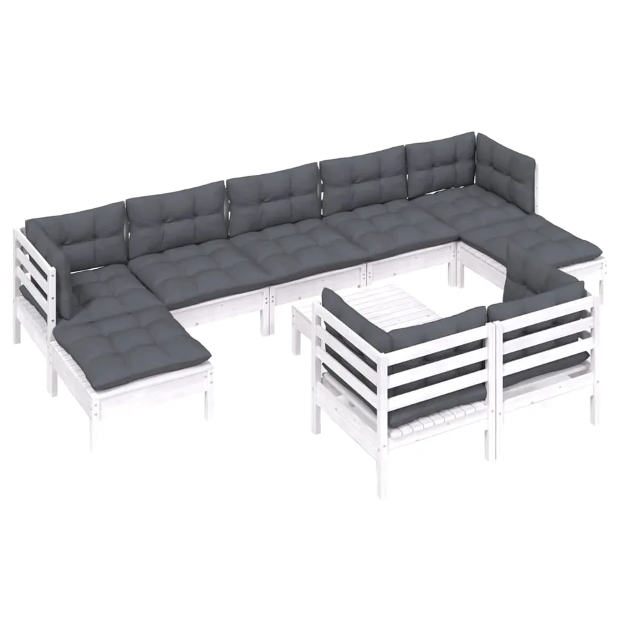 Garden Lounge Set 10 pcs with White Cushions Solid Pine Wood - 3
