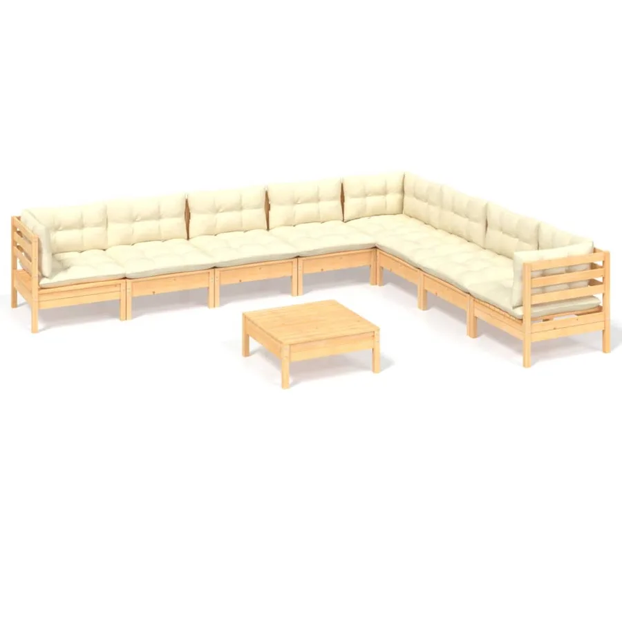 Salon de jardin 9 pcs avec coussins crème bois de pin massif - 2