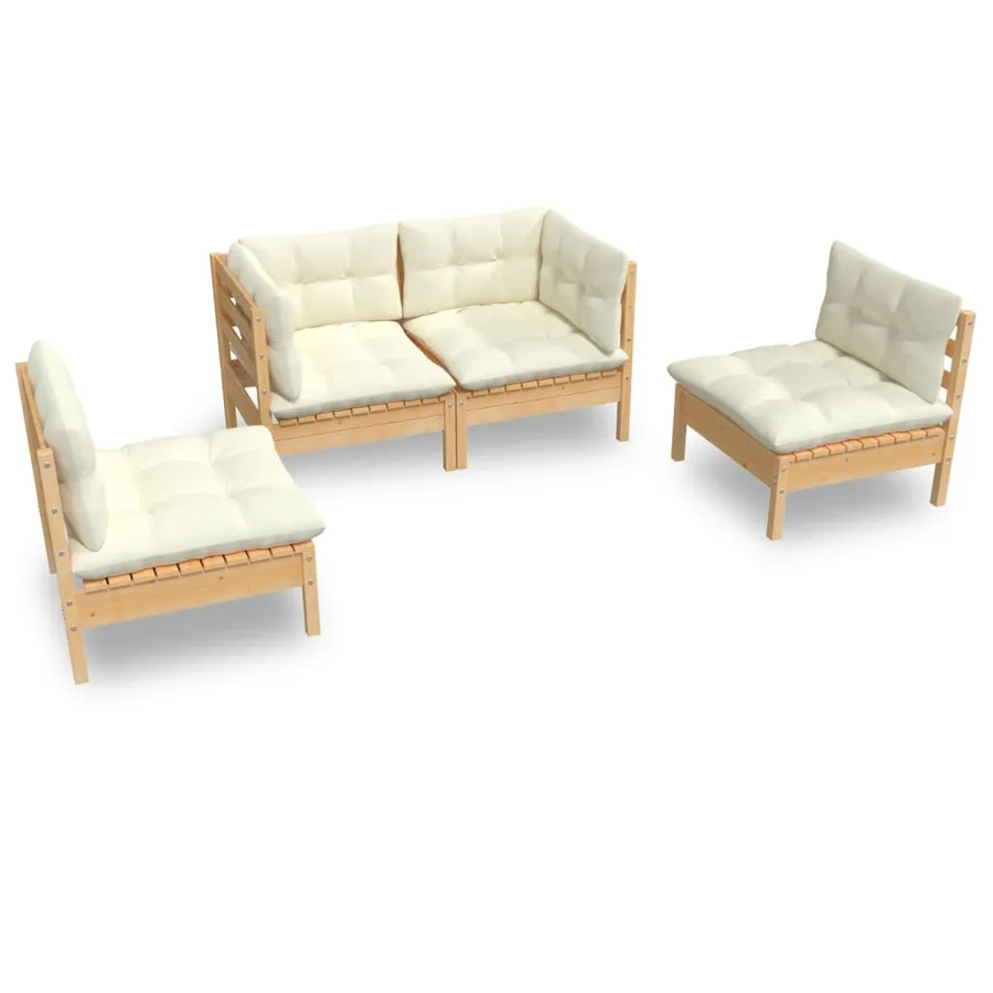 Garden Lounge Set 4 pcs with Cream Cushions Solid Pine Wood - 2
