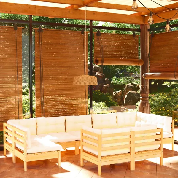 Salon de jardin 9 pcs avec coussins crème bois de pin massif